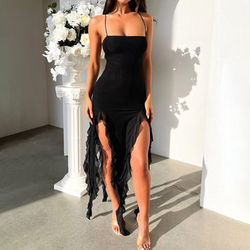 Spaghetti Strap Asymmetrical Ruffle Midi Dress