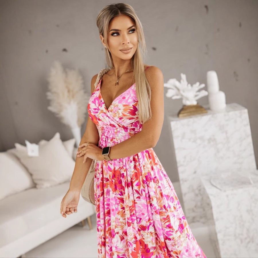 Dame Maxi Kjole – V-Hals Omslag – Justerbare Stropper – Blomsterprint – Figursyet Talje