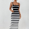 Women's Bodycon Dress – Slim Fit – Knit Fabric – Spaghetti Straps – Striped – Midi Length