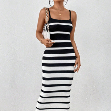 Striped Knit Spaghetti Strap Bodycon Dress