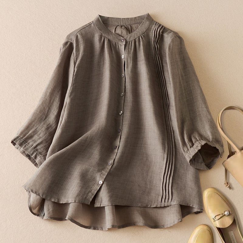 Women's Shirt – Relaxed Fit – Natural Fibres – Stand Collar – Pleated Detail