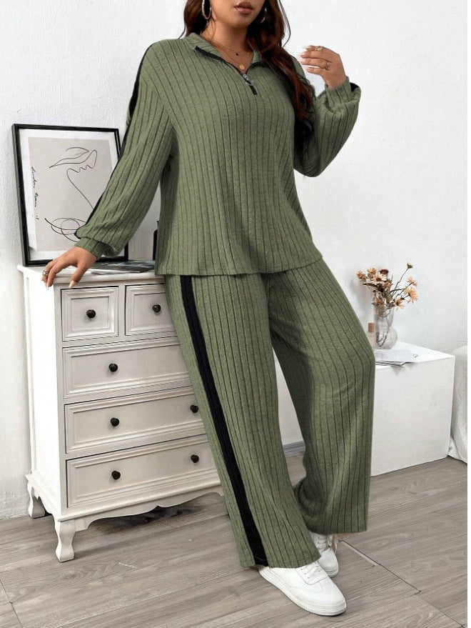Striped Wide-Leg Ribbed Two-Piece Set