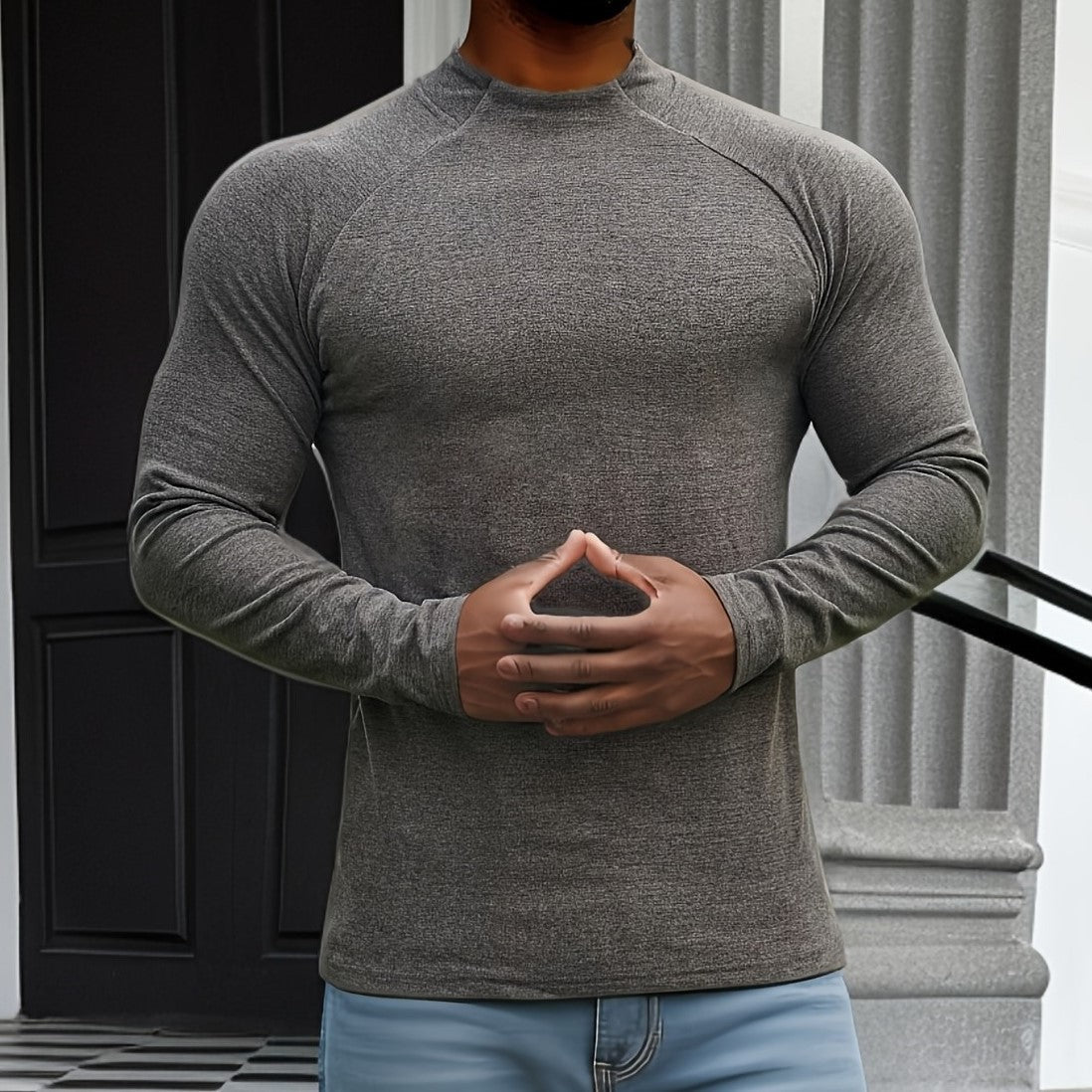 Men's Long-Sleeve T-Shirt – Slim Fit – Soft Stretch Cotton – Raglan Sleeves – Crew Neck