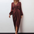 Dress for women – Long-sleeved – Satin look – V-neck – Slit – Ruched waist