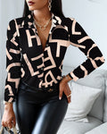 Women's Shirt - Button Closure - Chain Patterned Print - Classic Collar - Long Sleeves
