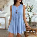 Women's Dress – Sleeveless – Relaxed Fit – Pleated Front – Tie Neck – Short Length