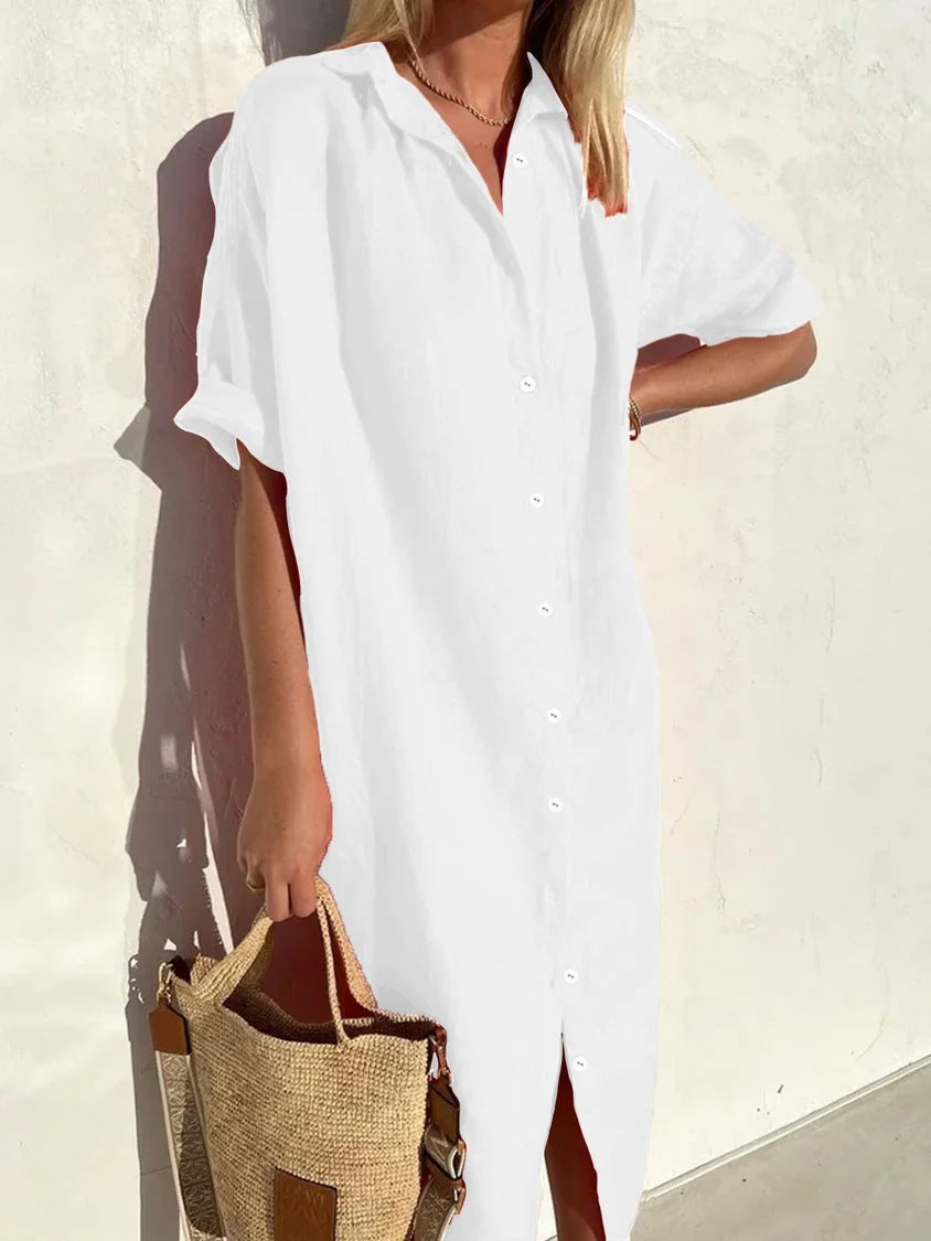 Women's Shirt Dress – Cotton Linen Blend – Relaxed Fit – Short Sleeve – Button Closure
