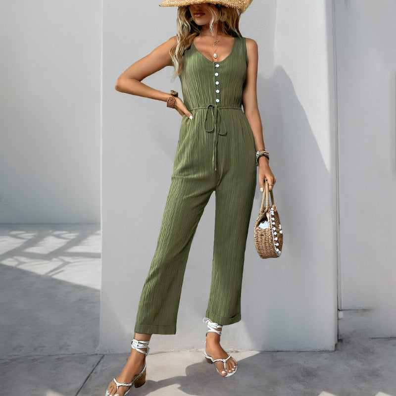 Women's jumpsuit – Sleeveless V-neck – Textured fabric – Relaxed fit – Belt at waist