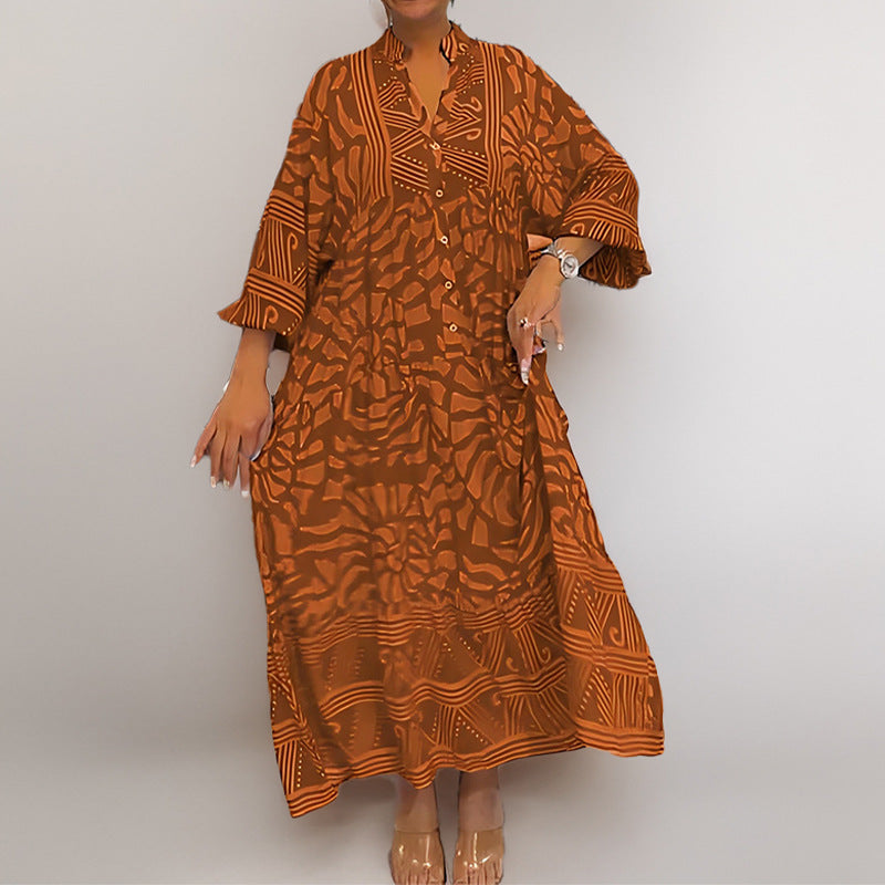 Printed Loose Fit Rolled Sleeve Midi Dress