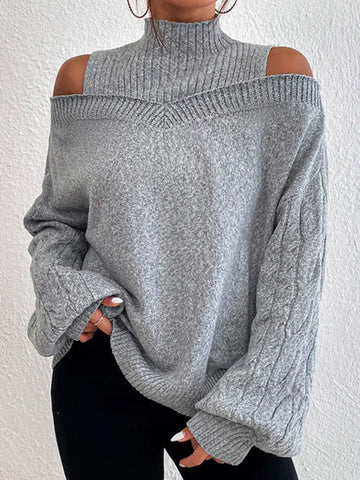 Off Shoulder Cutout Detail - Long Sleeve Knit Sweater 
