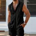 Men's set with sleeveless shirt and shorts – cotton linen – relaxed fit – button closure