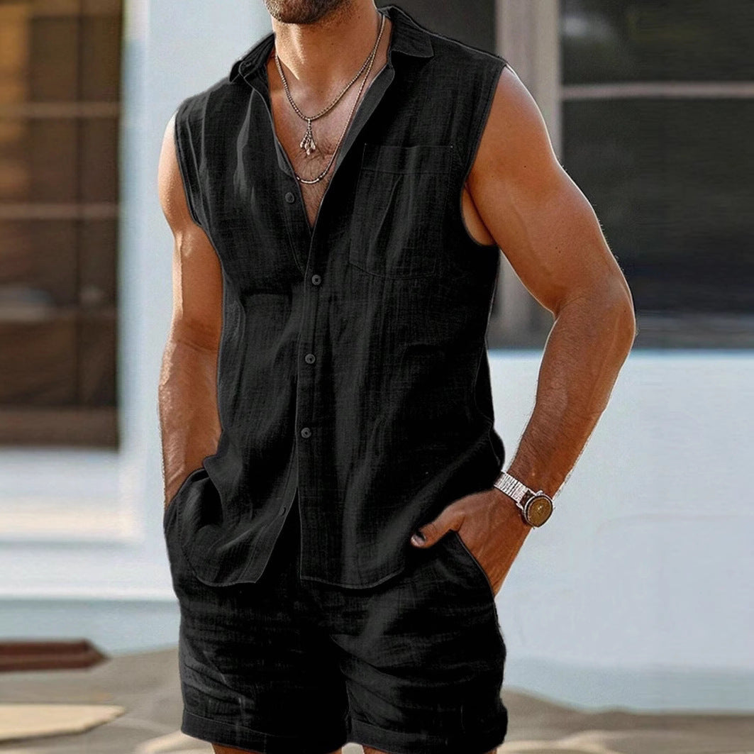 Men's set with sleeveless shirt and shorts – cotton linen – relaxed fit – button closure