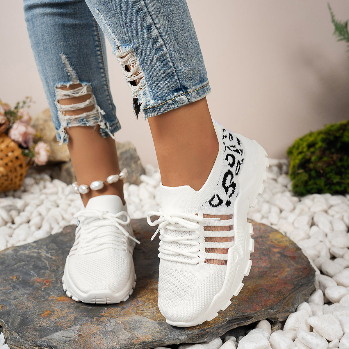 Women's Sneakers – Breathable Flyknit – Low Profile – Leopard Details – Wavy Sole