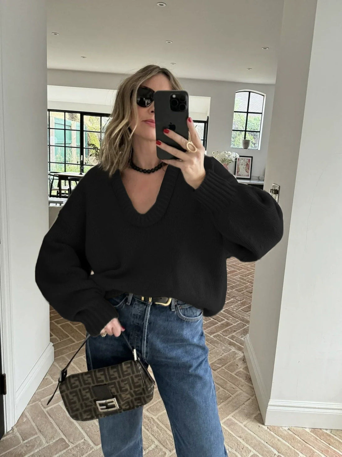 Voluminous Sleeve Wool Knit V-Neck Sweater