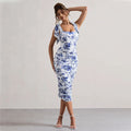 Dress for women – Bodycon fit – Floral print – Tie shoulder straps – Midi length