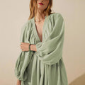 Dress for women – Short model – Cotton linen mix – V-neck – Long sleeves – Loose fit