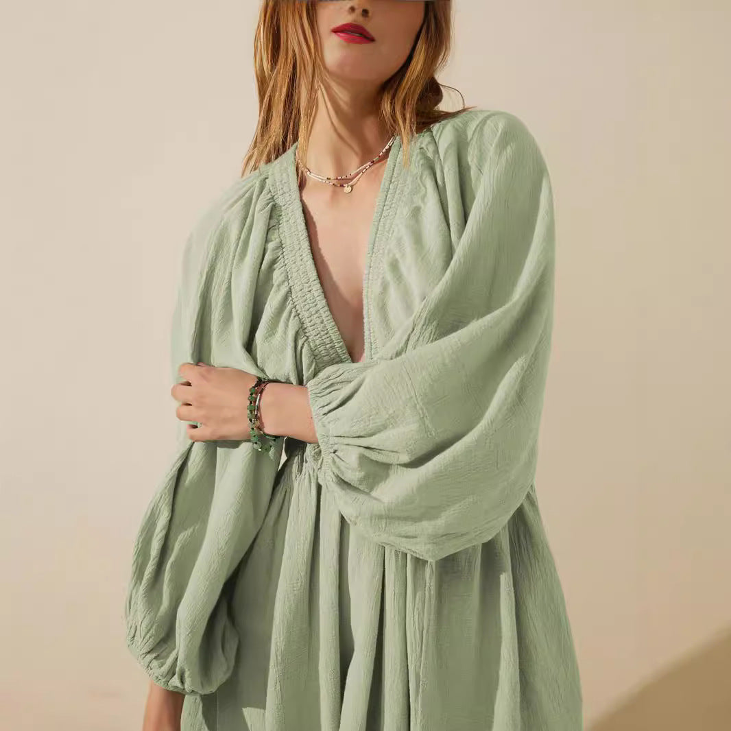 Dress for women – Short model – Cotton linen mix – V-neck – Long sleeves – Loose fit
