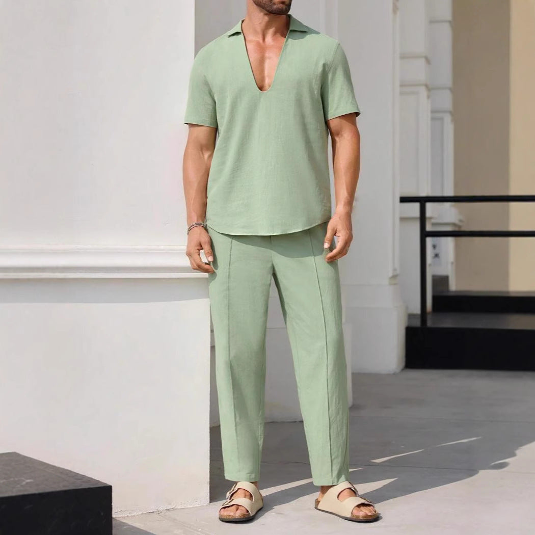 Men's Set with Short-Sleeved Shirt and Pants – Relaxed Fit – Cotton Linen Blend