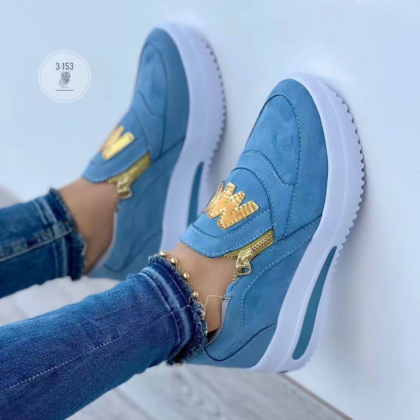 Women's Sneakers – Low Model – Suede Details – Zipper – Thick Sole – Comfort Style