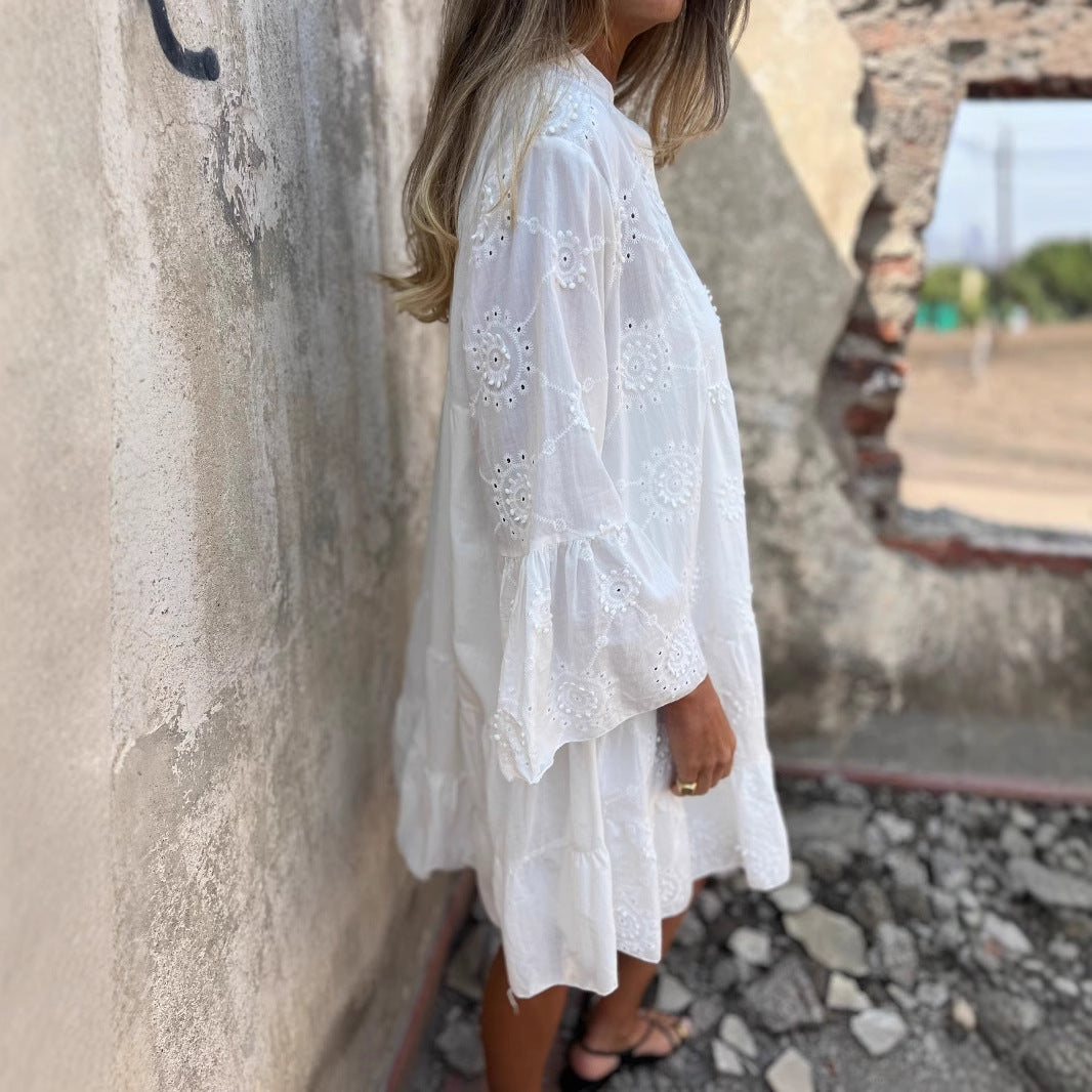 Cotton V-neck Loose Fit Embroidered Dress