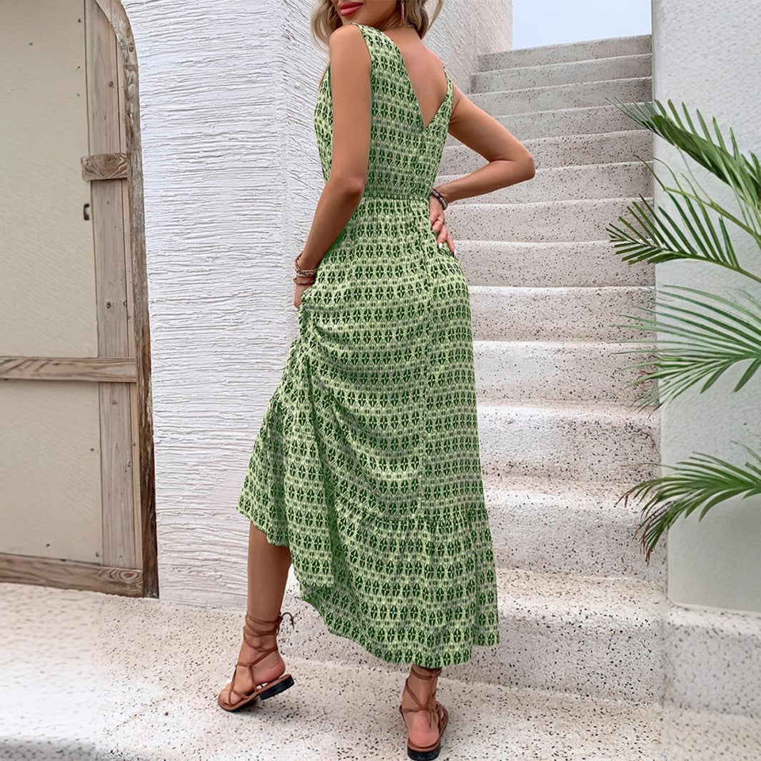 Women's Midi Dress – Sleeveless – Bohemian Print – V-neck – Waistband – Light and Airy