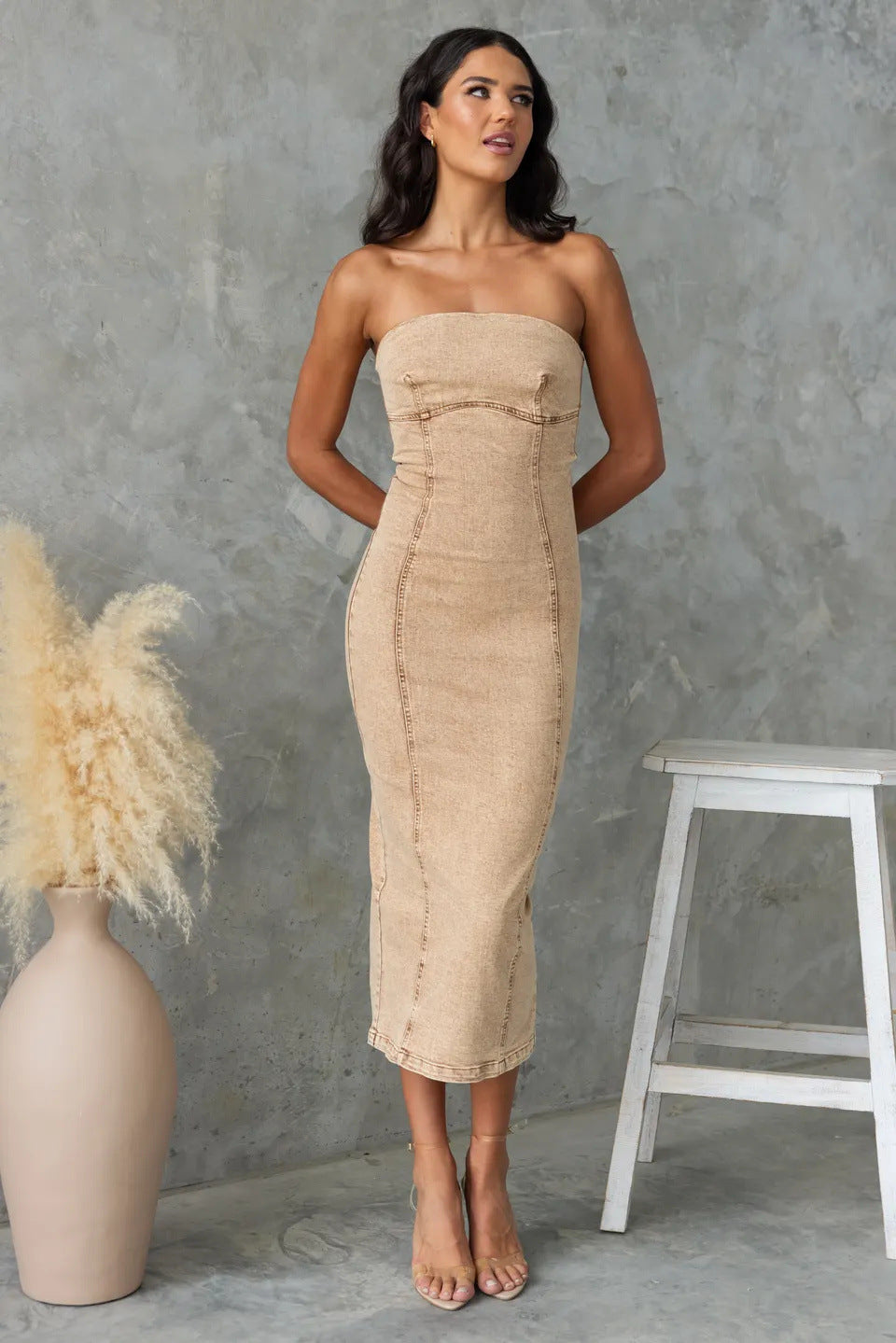 Women's Strapless Denim Dress – Slim Fit – Midi Length – Texture Details