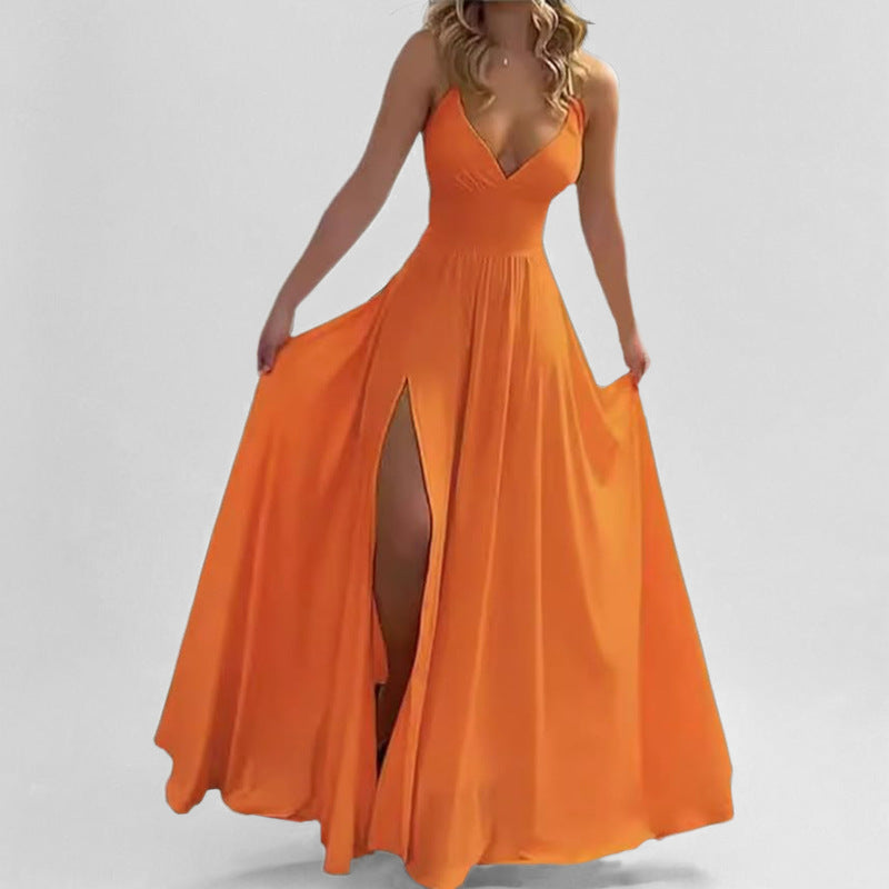 Dress for Women – Evening Dress in Satin – Slim Fit – V-Neck – High Slit