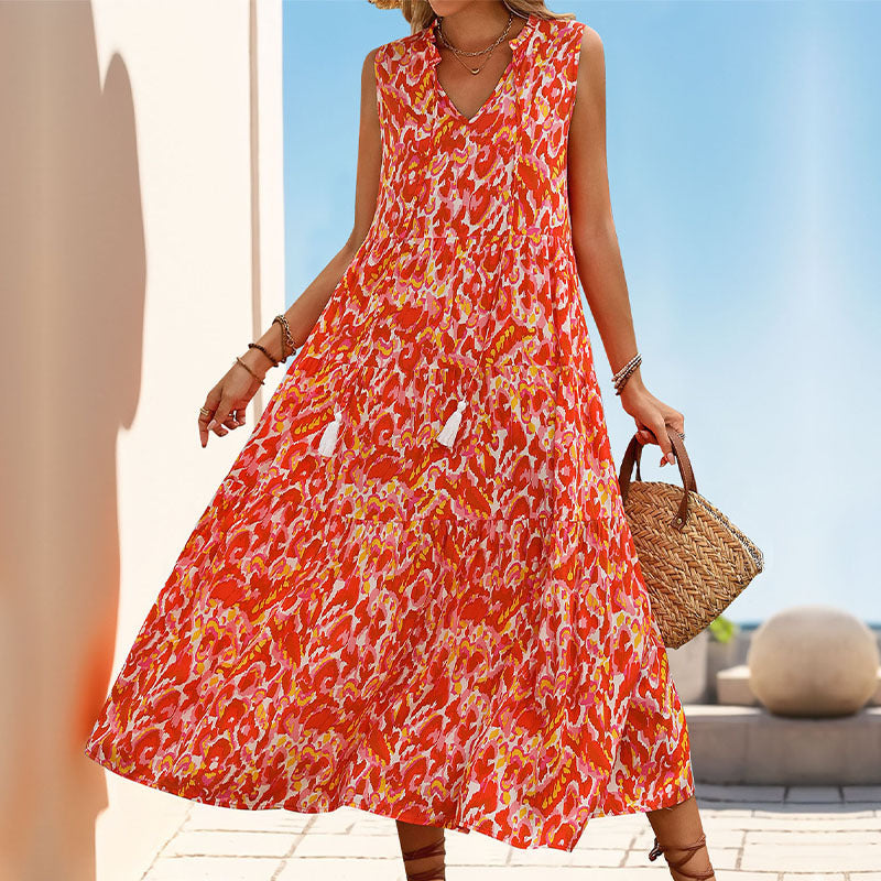 Women's Dress – Sleeveless A-line – V-neck – Layered Midi – Light Cotton