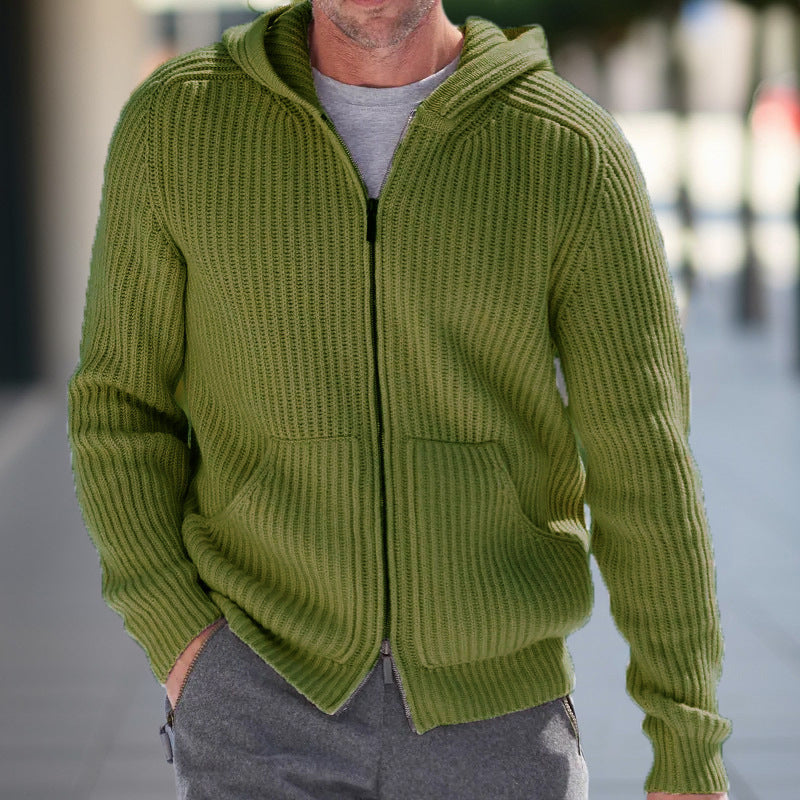 Men's Cardigan – Knit – Relaxed Fit – Hood – Ribbed Texture – Long Sleeves