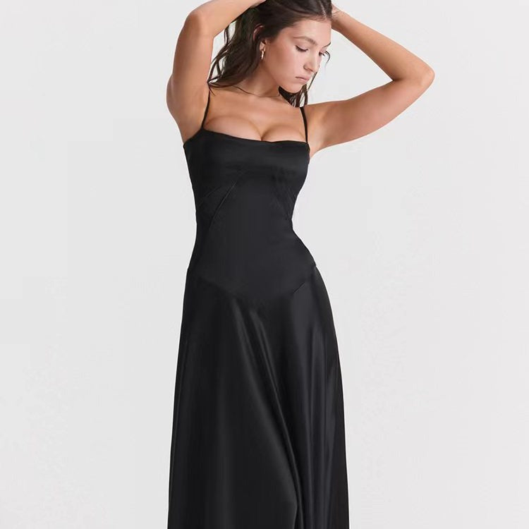 Dress for women – Evening dress in satin look – Slim fit – Spaghetti straps – Open back