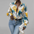 Women's Shirt – Oversize Fit – Floral Print – Puff Sleeves – Smock Cuffs