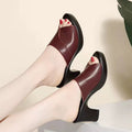 Women's Mules with Heel – Soft Leather – Block Heel – Peep Toe – Slip-On Comfort Fit