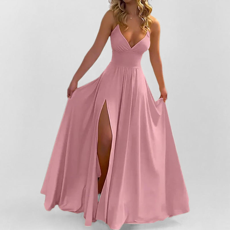 Dress for Women – Evening Dress in Satin – Slim Fit – V-Neck – High Slit