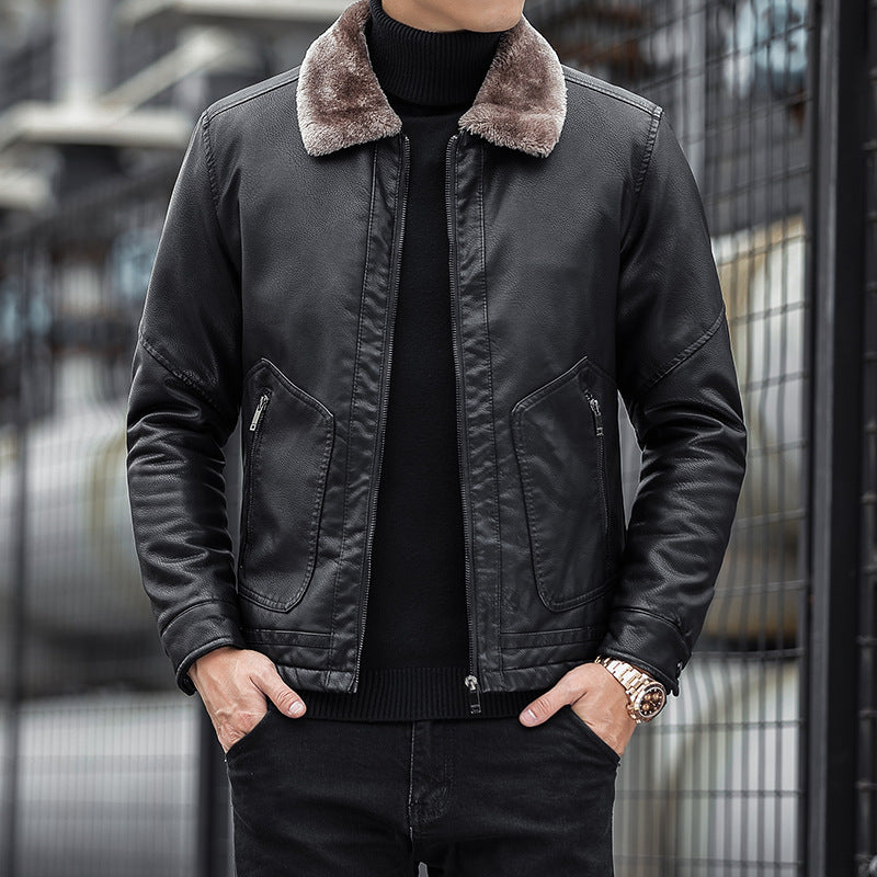 Velvet Collar Tailored Leather Jacket