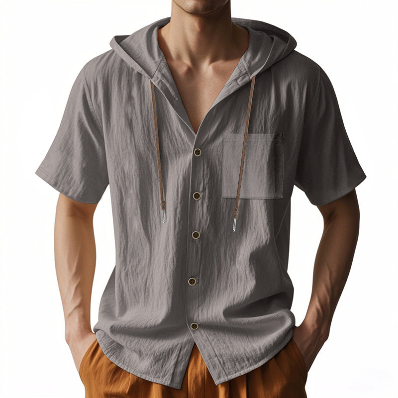 Men's Shirt with Hood – Linen Blend – Relaxed Fit – Short Sleeves – Button Closure