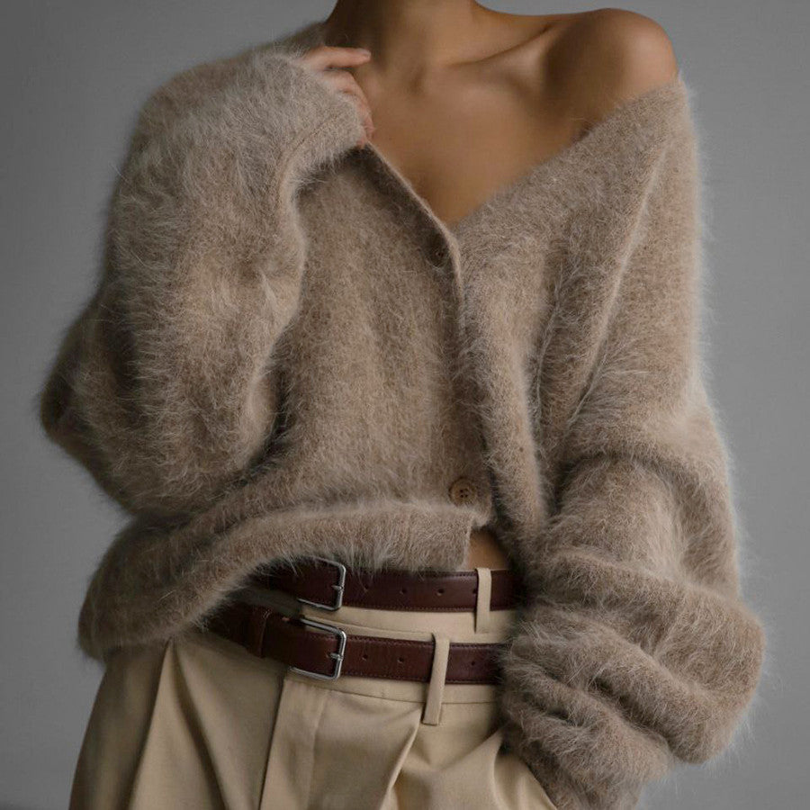 Oversized Fit Brushed Knit V-Neck Cardigan