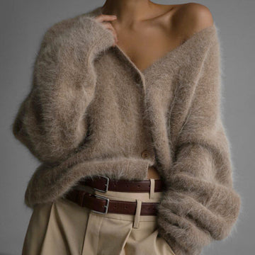 Oversized Fit Brushed Knit V-Neck Cardigan