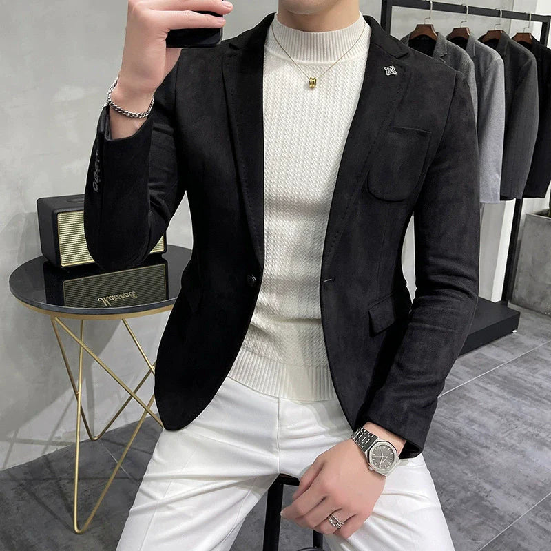 Suede-Like Single Button Slim Fit Blazer