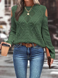 Women's Knit Sweater – Loose Fit – Open Shoulders – Cable Knit – Ribbed Cuffs