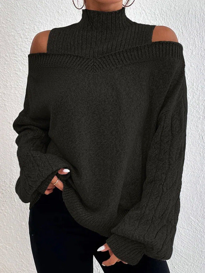 Off Shoulder Cutout Detail - Long Sleeve Knit Sweater 