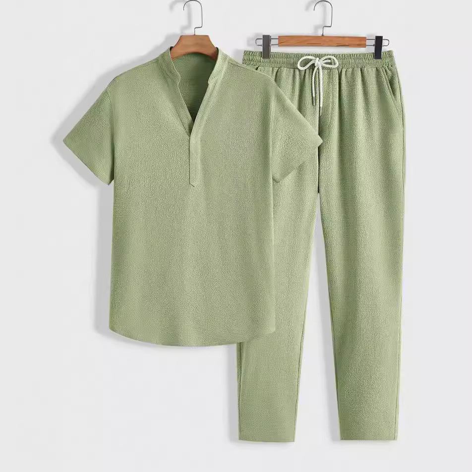 Men's Training Set – Short-Sleeved Top with V-Neck – Drawstring Pants – Relaxed Fit