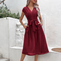 Women's A-line dress – V-neck – Short sleeve – Tie belt – Midi – With pockets