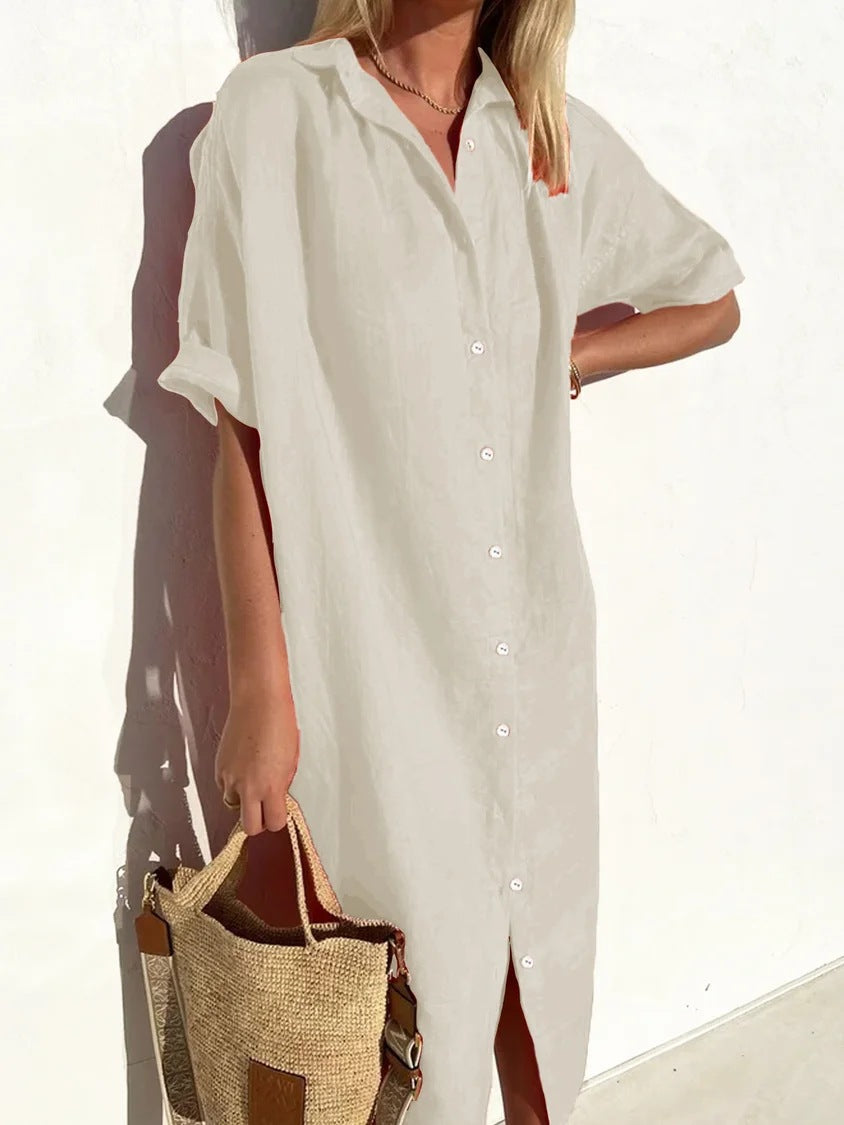 Women's Shirt Dress – Cotton Linen Blend – Relaxed Fit – Short Sleeve – Button Closure