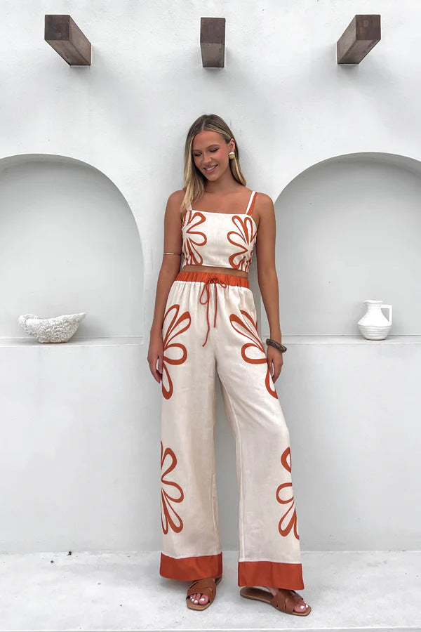 Women's Set with Top and Wide Pants – Cotton – Relaxed Fit – Floral Pattern