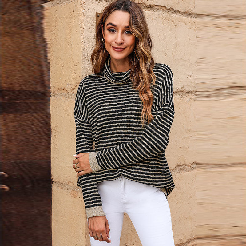 Wool Blend Striped Turtleneck Knit Top