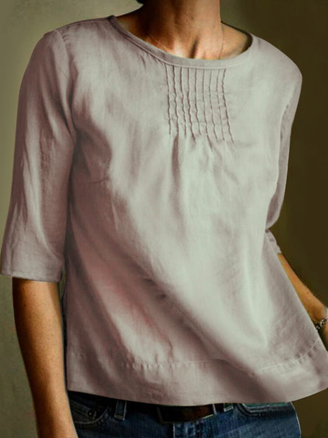 Women's Blouse – Cotton Linen Blend – Loose Fit – 3/4 Sleeve – Pleated Front