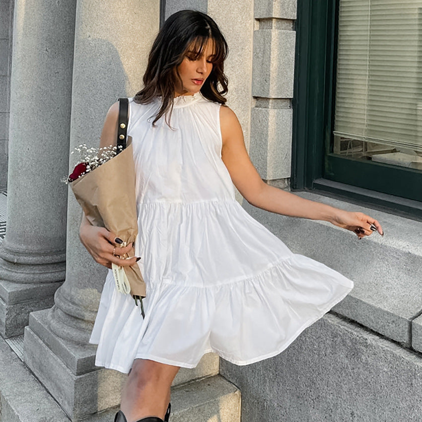 Women's A-line dress – Sleeveless loose fit – Ruffle edge – Light cotton