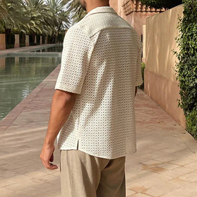 Men's Cardigan in Knit – Slim Fit – Short Sleeves – Open Pattern – Button Closure