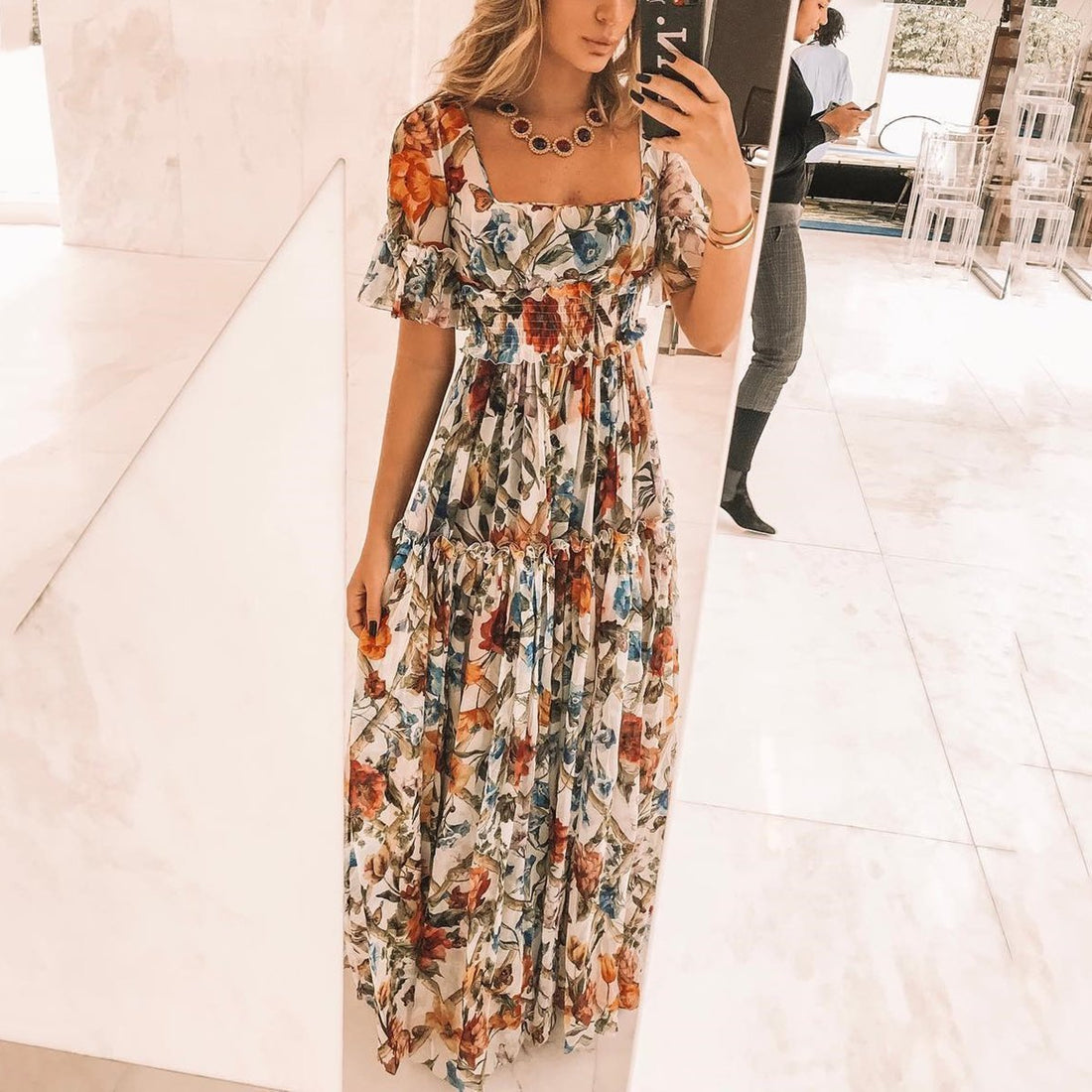 Smocked Tiered Cotton Blend Maxi Dress