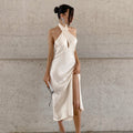 Women's Evening Dress – Satin – Slim Fit Mermaid Cut – Halterneck with Keyhole Detail